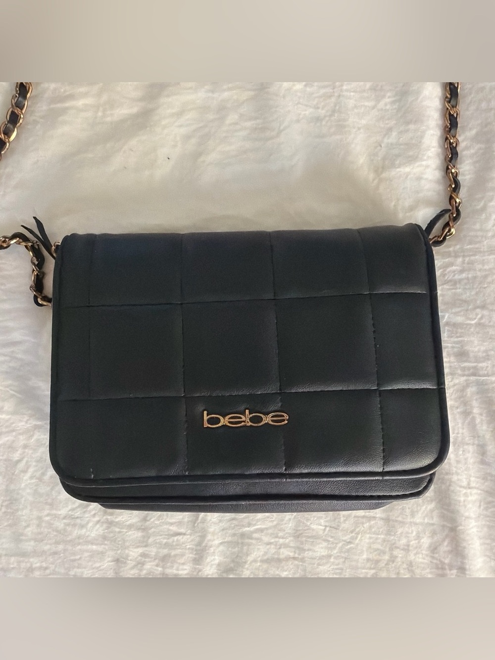 bebe Black Quilted Crossbody with Gold Logo Detail